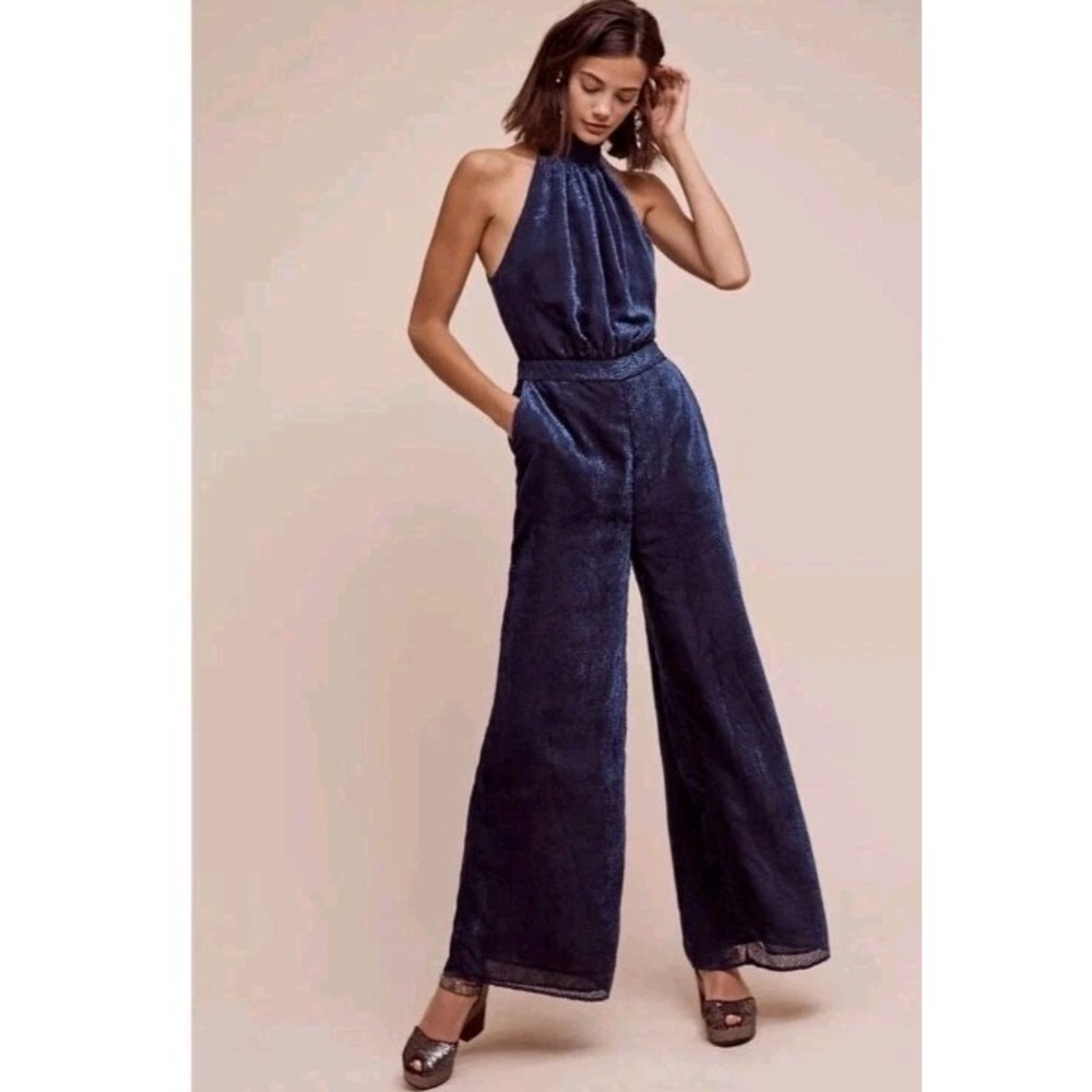 Anthropologie Elevenses Nova Blue Polka Dot Burnout Velvet Jumpsuit Size 2